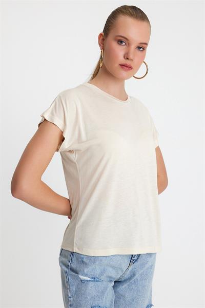 Kadın Bambu Kumaş Bisiklet Yaka T-shirt Bej