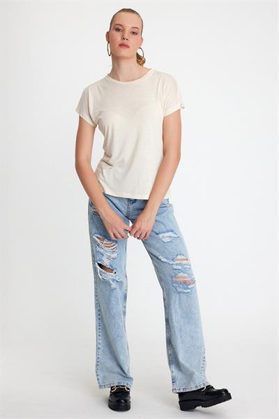 Kadın Bambu Kumaş Bisiklet Yaka T-shirt Bej