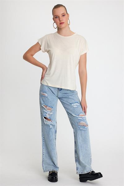 Kadın Bambu Kumaş Bisiklet Yaka T-shirt Bej