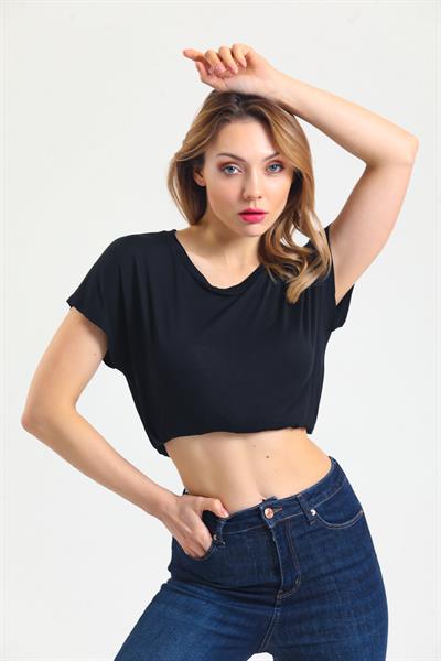 Kadın Bambu Kumaş Bisiklet Yaka T-shirt  Siyah