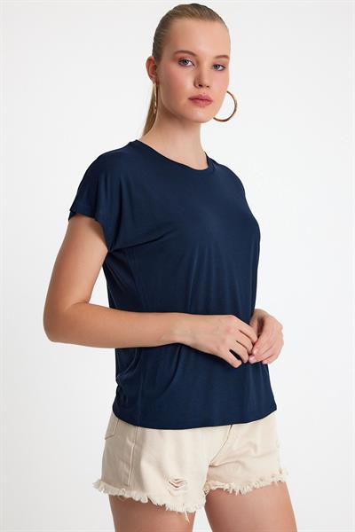 Kadın Bambu Kumaş Bisiklet Yaka T-shirt Lacivert