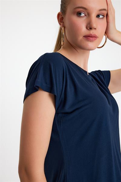 Kadın Bambu Kumaş Bisiklet Yaka T-shirt Lacivert