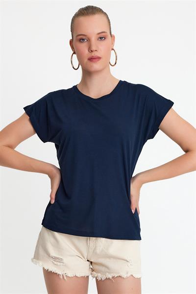 Kadın Bambu Kumaş Bisiklet Yaka T-shirt Lacivert