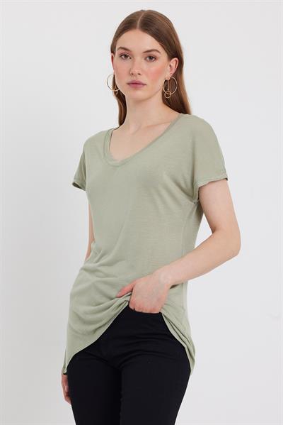Kadın Bambu Kumaş V Yaka T-shirt Açık Yeşil