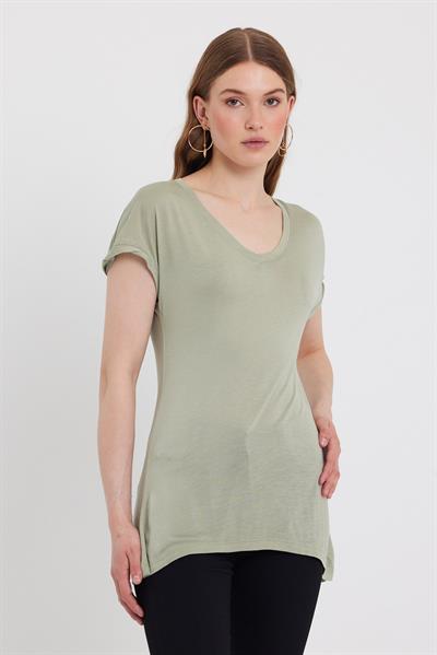 Kadın Bambu Kumaş V Yaka T-shirt Açık Yeşil