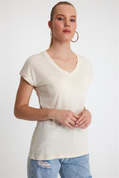Kadın Bambu Kumaş V Yaka T-shirt  Bej