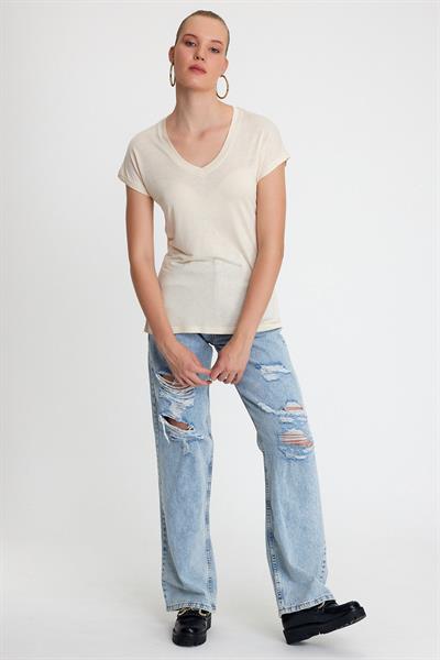 Kadın Bambu Kumaş V Yaka T-shirt  Bej