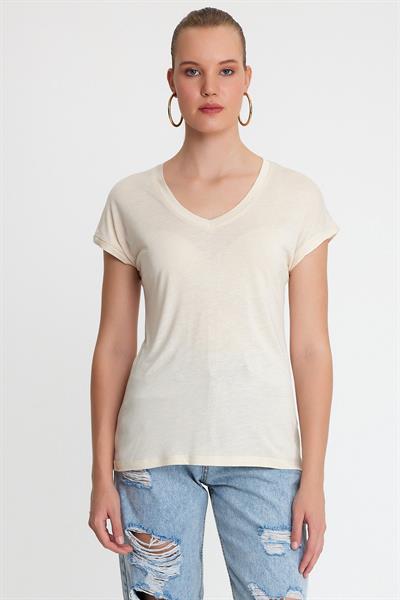 Kadın Bambu Kumaş V Yaka T-shirt  Bej