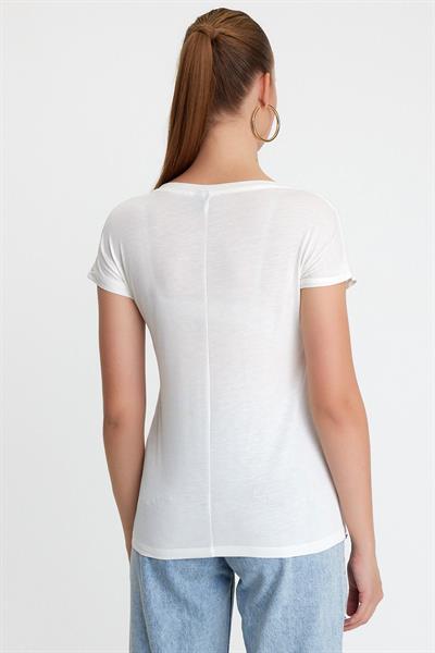 Kadın Bambu Kumaş V Yaka T-shirt Beyaz