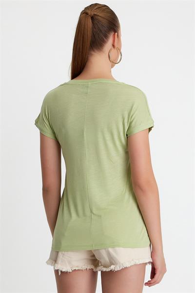 Kadın Bambu kumaş V Yaka T-shirt  Mint