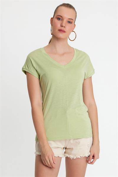 Kadın Bambu kumaş V Yaka T-shirt  Mint
