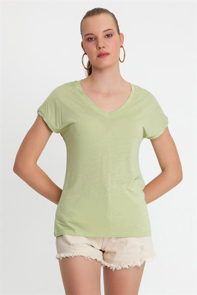 Kadın Bambu kumaş V Yaka T-shirt  Mint