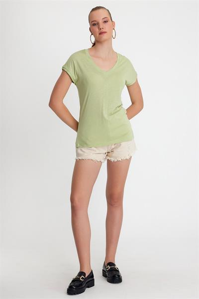 Kadın Bambu kumaş V Yaka T-shirt  Mint