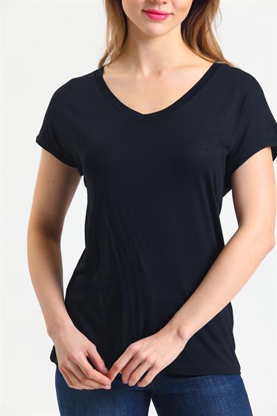 Kadın Bambu Kumaş V Yaka T-shirt Siyah