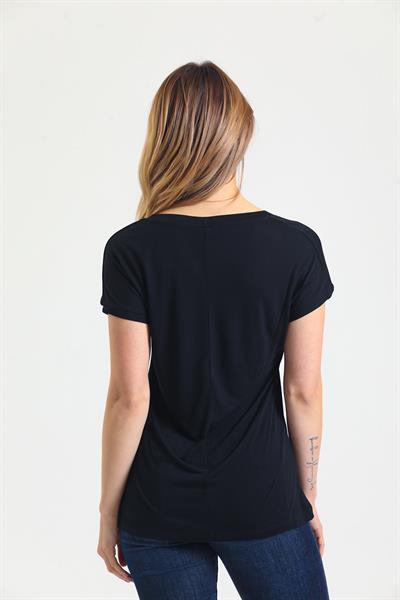 Kadın Bambu Kumaş V Yaka T-shirt Siyah