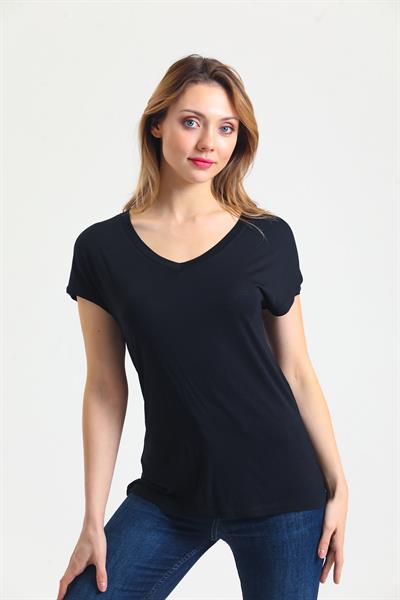 Kadın Bambu Kumaş V Yaka T-shirt Siyah