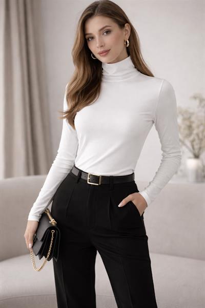 Kadın Basic Balıkçı Yaka Modal Likra Esnek Uzun Kollu Bluz - Ekru