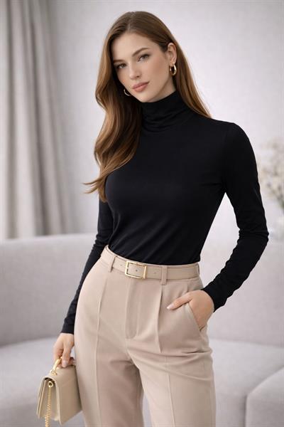Kadın Basic Balıkçı Yaka Modal Likra Esnek Uzun Kollu Bluz - Siyah