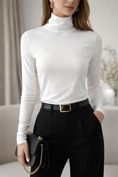 Kadın Basic Balıkçı Yaka Modal Likra Esnek Uzun Kollu Bluz - Ekru