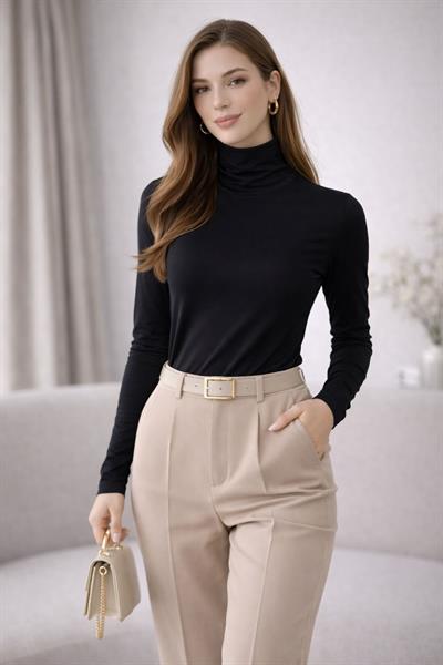 Kadın Basic Balıkçı Yaka Modal Likra Esnek Uzun Kollu Bluz - Siyah