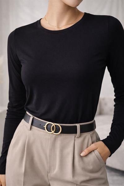 Kadın Basic Bisiklet Yaka Modal Likra Esnek Uzun Kollu Bluz - Siyah