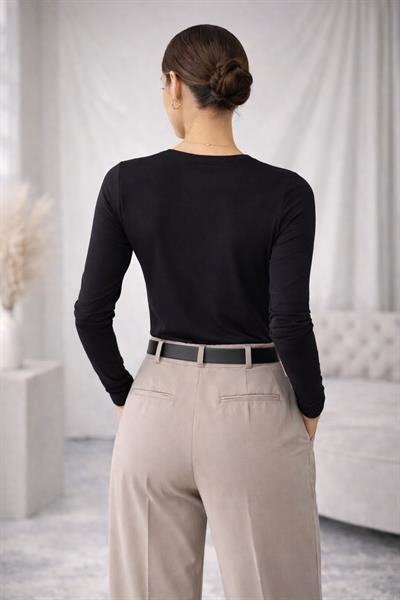 Kadın Basic Bisiklet Yaka Modal Likra Esnek Uzun Kollu Bluz - Siyah