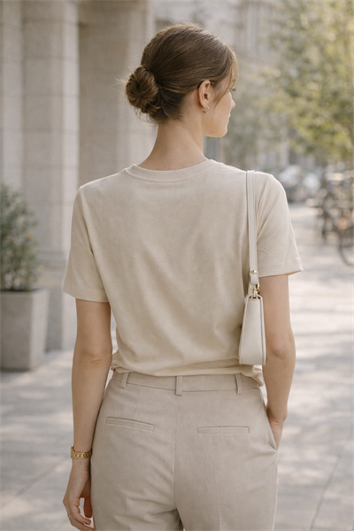 Kadın Basic Bisiklet Yaka Pamuk Likra Tişört – Bej