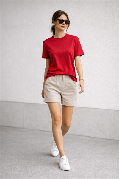 Kadın Basic Bisiklet Yaka Pamuk Likra Tişört – Kırmızı