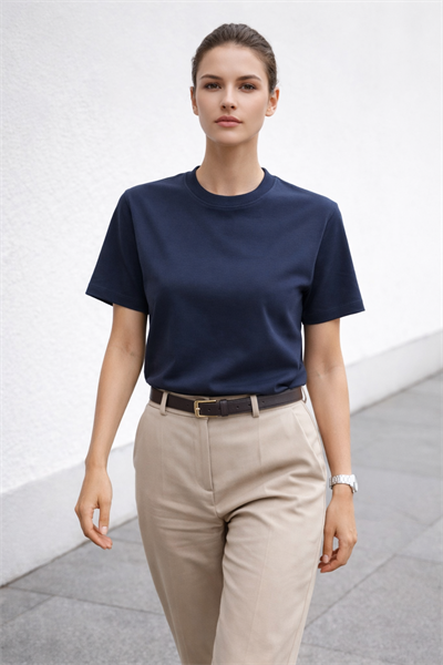 Kadın Basic Bisiklet Yaka Pamuk Likra Tişört – Lacivert