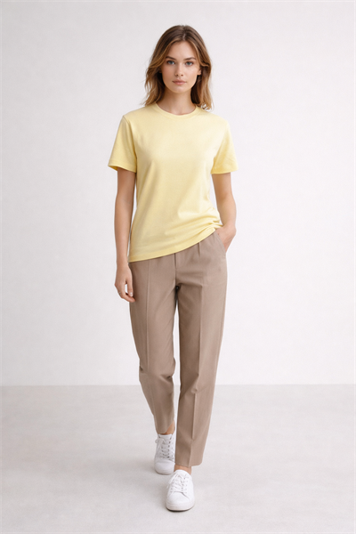 Kadın Basic Bisiklet Yaka Pamuk Likra Tişört – Sarı