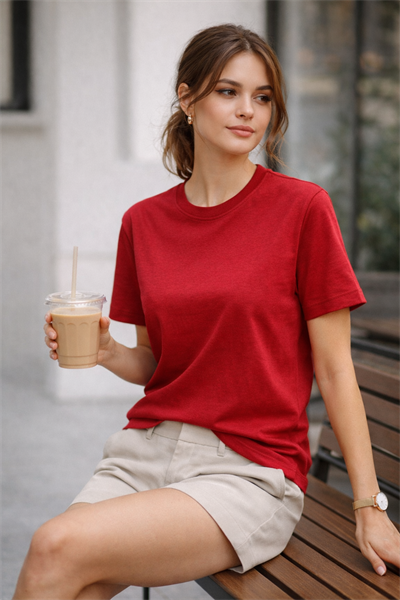 Kadın Basic Bisiklet Yaka Pamuk Likra Tişört – Kırmızı