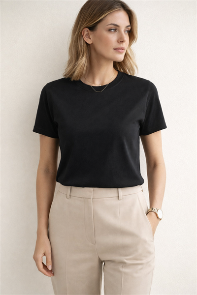 Kadın Basic Bisiklet Yaka Pamuk Likra Tişört – Siyah