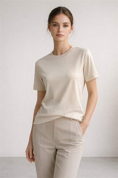 Kadın Basic Bisiklet Yaka Pamuk Likra Tişört – Bej