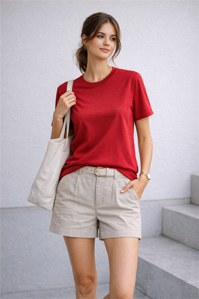 Kadın Basic Bisiklet Yaka Pamuk Likra Tişört – Kırmızı