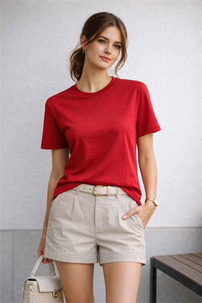 Kadın Basic Bisiklet Yaka Pamuk Likra Tişört – Kırmızı