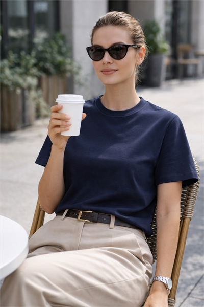 Kadın Basic Bisiklet Yaka Pamuk Likra Tişört – Lacivert