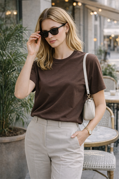 Kadın Basic Bisiklet Yaka Pamuk Likra Tişört – Kahve