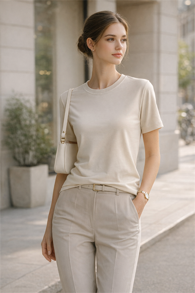 Kadın Basic Bisiklet Yaka Pamuk Likra Tişört – Bej