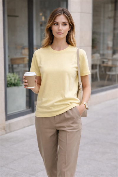 Kadın Basic Bisiklet Yaka Pamuk Likra Tişört – Sarı