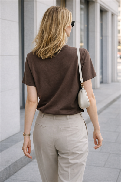 Kadın Basic Bisiklet Yaka Pamuk Likra Tişört – Kahve