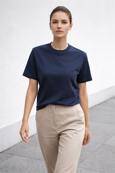 Kadın Basic Bisiklet Yaka Pamuk Likra Tişört – Lacivert