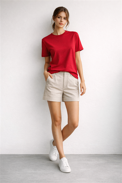 Kadın Basic Bisiklet Yaka Pamuk Likra Tişört – Kırmızı