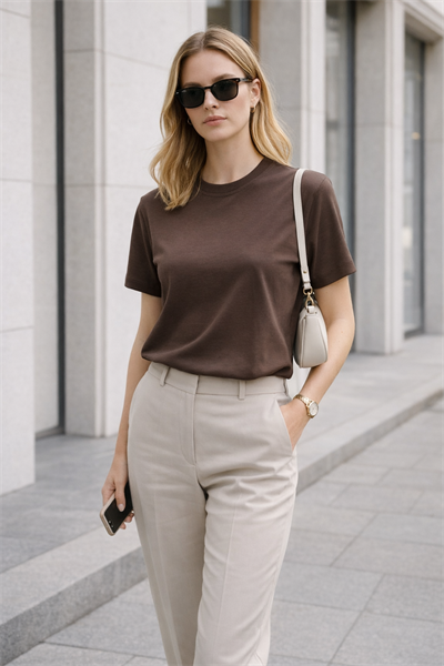 Kadın Basic Bisiklet Yaka Pamuk Likra Tişört – Kahve