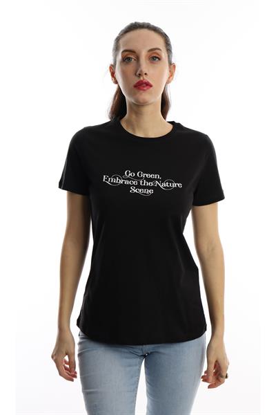 Kadın Bisiklet Yaka Regular Fit Baskılı Tişört Siyah