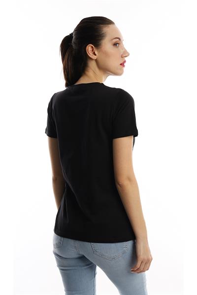 Kadın Bisiklet Yaka Regular Fit Baskılı Tişört Siyah