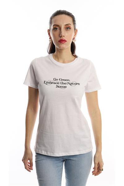 Kadın Bisiklet Yaka Regular Fit Baskılı Tişört Beyaz