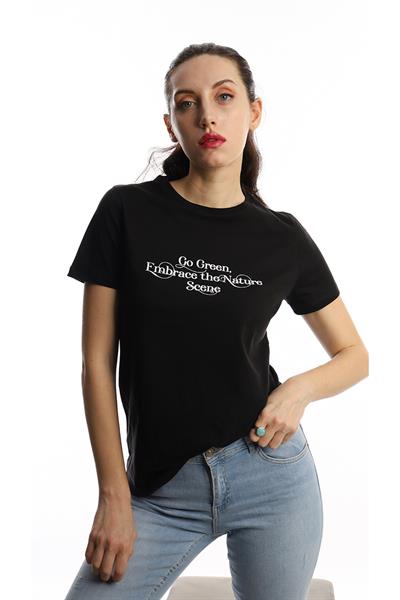 Kadın Bisiklet Yaka Regular Fit Baskılı Tişört Siyah