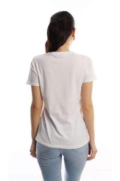 Kadın Bisiklet Yaka Regular Fit Baskılı Tişört Beyaz