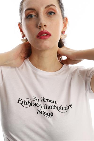 Kadın Bisiklet Yaka Regular Fit Baskılı Tişört Beyaz