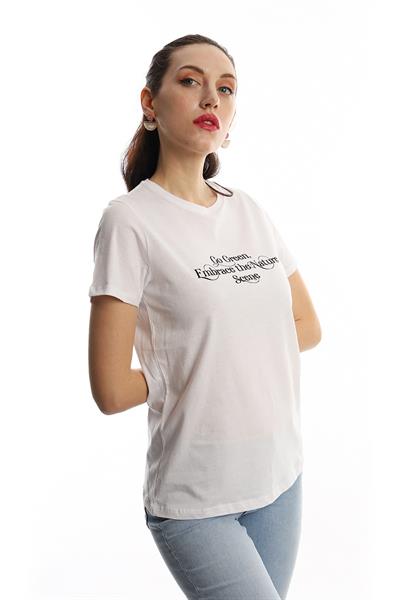 Kadın Bisiklet Yaka Regular Fit Baskılı Tişört Beyaz